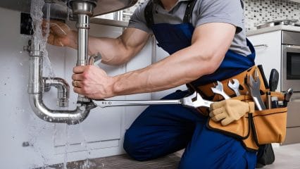 Plumber repairing sink pipes in Boynton Beach, Florida home