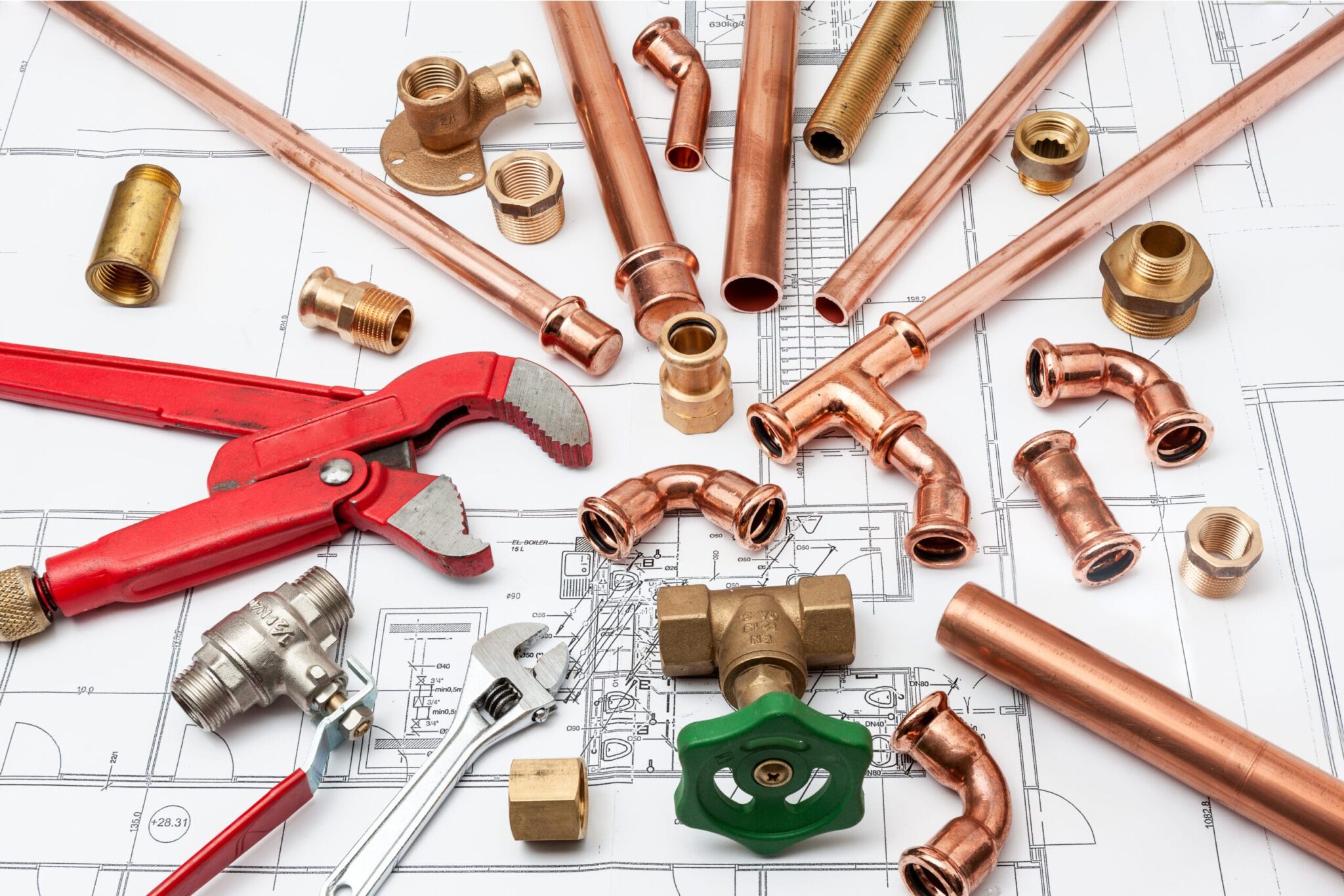 Copper pipes, fittings, valves, and plumbing tools in Boynton Beach