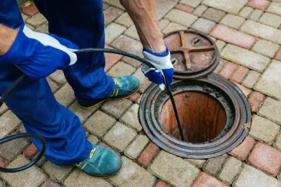 Plumber cleaning an outdoor sewer drain in Boynton Beach